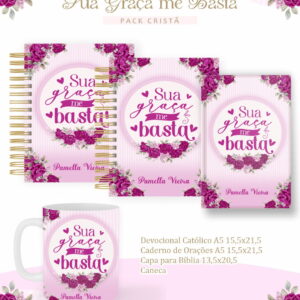 Arte digital de pack cristão com design floral roxo e frase Sua Graça me Basta.