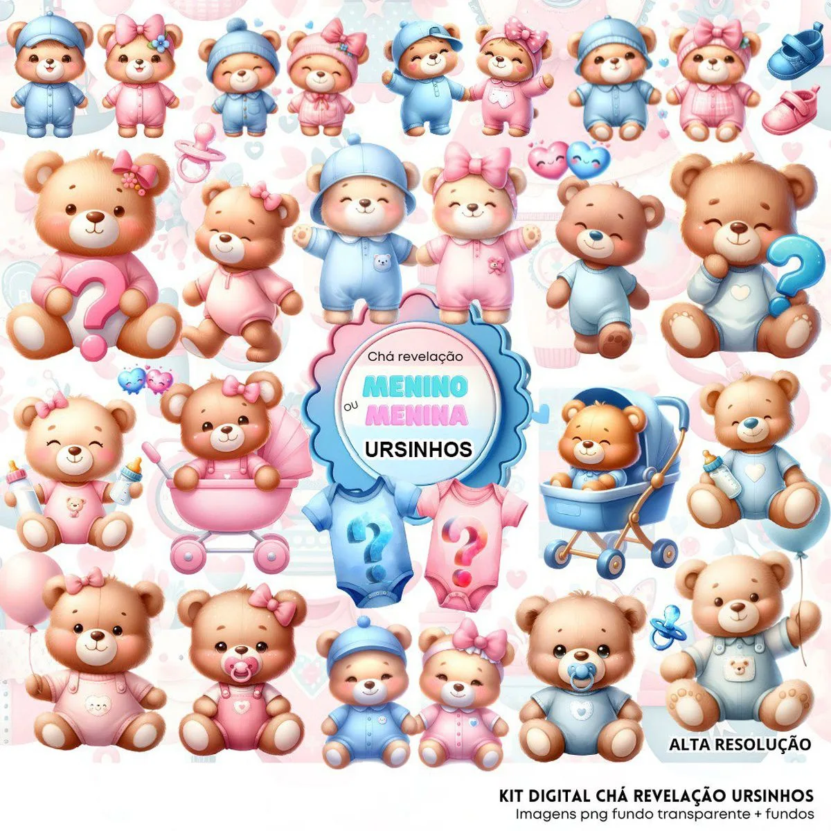 Kit Digital Chá Revelação Ursinhos Baby Png Menino e Menina 1 Kit Digital Cha Revelacao Ursinhos Baby Png Menino E Menina 4