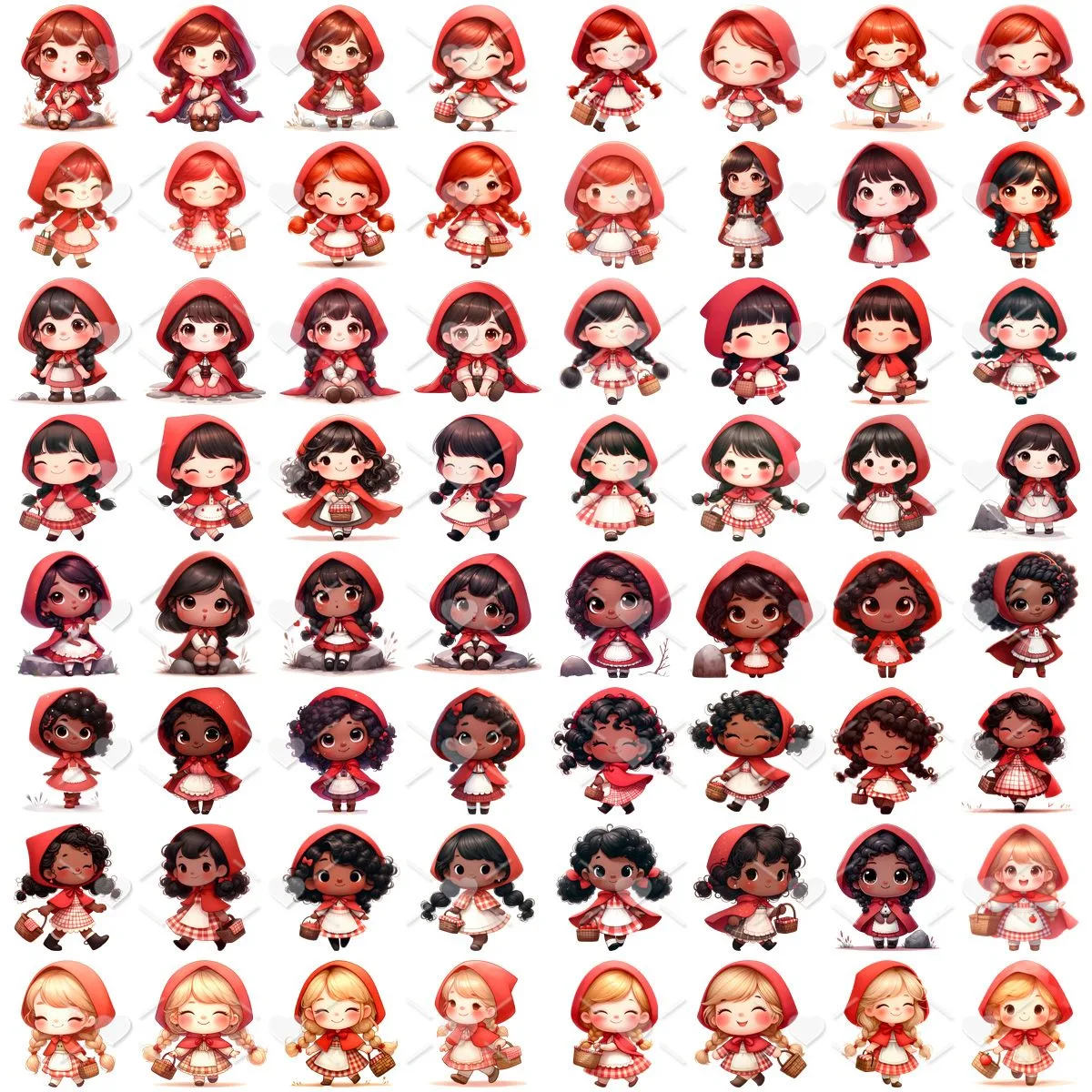 Kit Digital Chapeuzinho Vermelho Baby Png Ilustrações Fofo 3 Ilustração digital com personagens femininos infantis de capuz vermelho em diferentes poses.