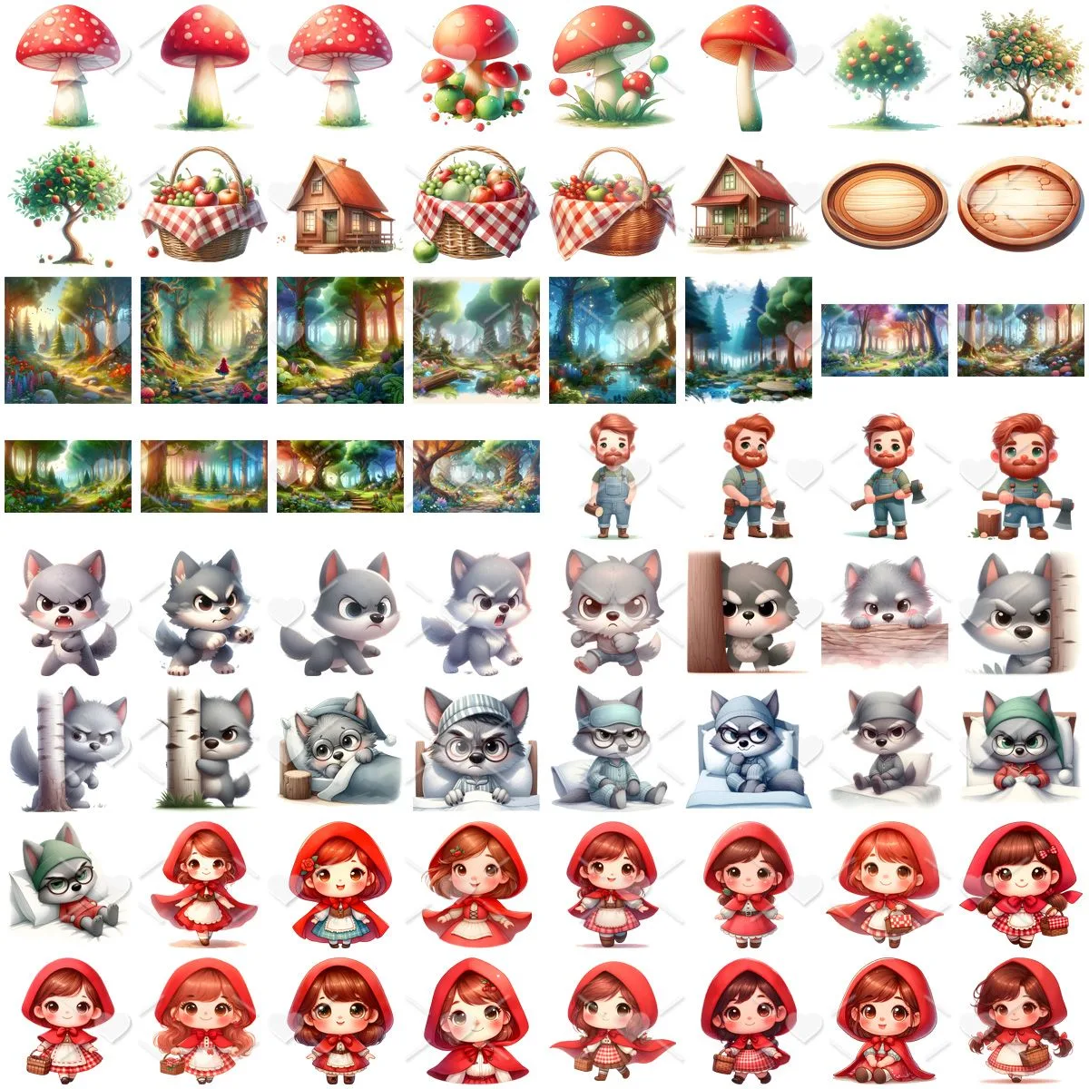 Kit Digital Chapeuzinho Vermelho Baby Png Ilustrações Fofo 2 Coleção de ilustrações digitais com cogumelos, árvores, lobos e personagens em estilo infantil.