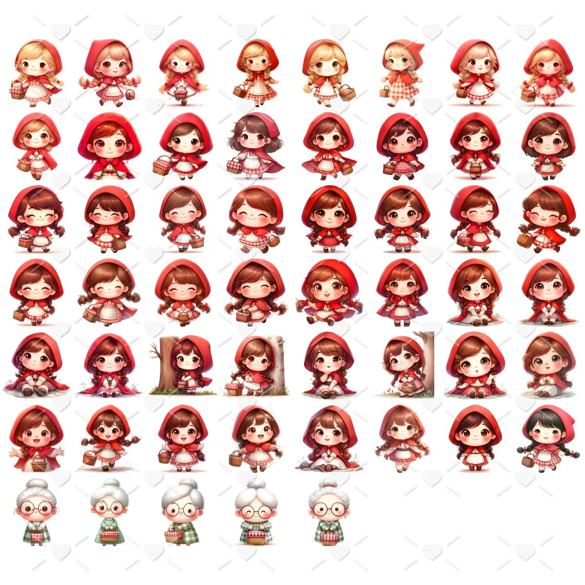 Kit Digital Chapeuzinho Vermelho Baby Png Ilustrações Fofo 4 Coleção de adesivos digitais de personagens estilo chibi com capuz vermelho.