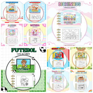 Coleção de arte digital de livros de colorir infantis com diversos temas.