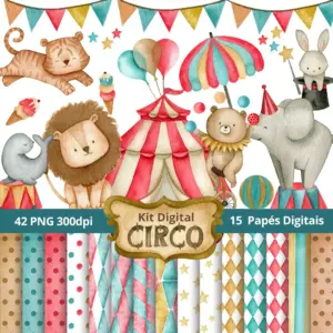 Ilustrações de animais de circo, tenda colorida, balões e padrões geométricos em aquarela suave.