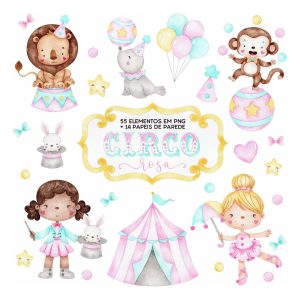 Kit Digital Circo Rosa Aquarelado Artes Para Personalizados