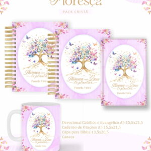 Arte digital de um kit com design de árvore colorida e borboletas, tema cristão.