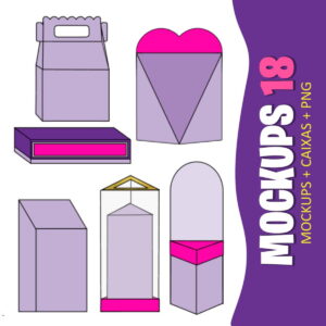 Arte digital com diversos mockups de caixas em tons de roxo e rosa.