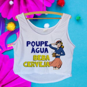 Arte digital com frase "POUPE ÁGUA BEBA CERVEJA" e ilustração de mulher estilo pop art.