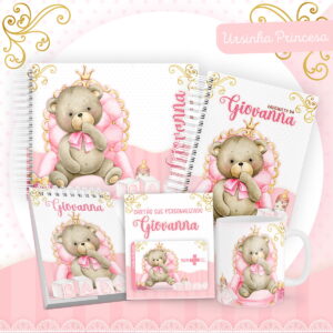 Conjunto de arte digital com ursinha princesa em tons de rosa e dourado.