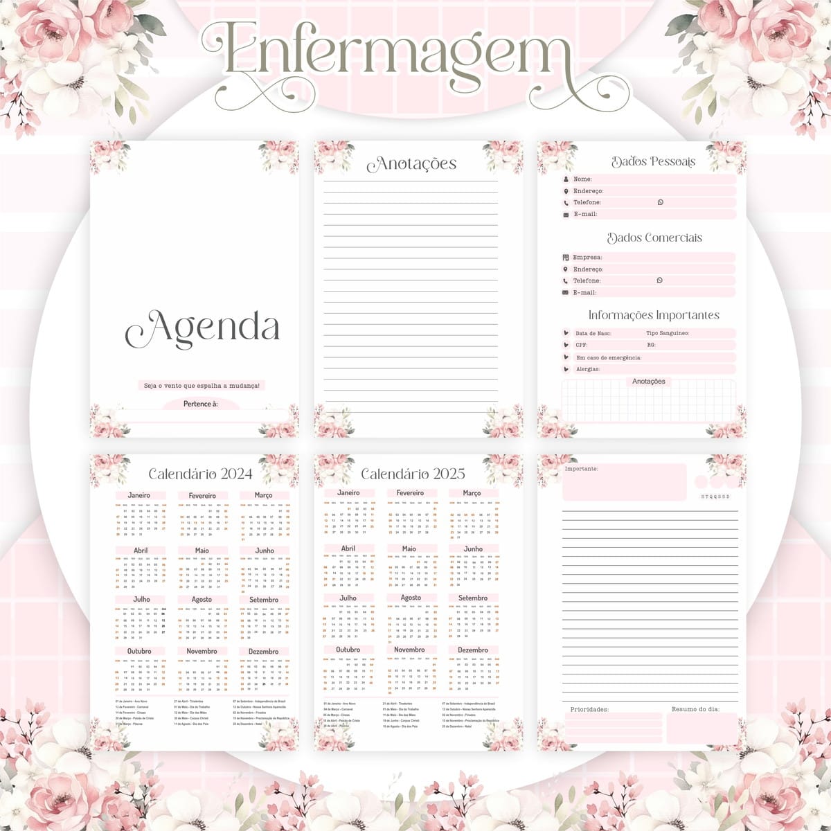 Kit Digital de Encadernação Enfermagem Feminino Floral 2 Kit Digital de Encadernação Enfermagem Feminino Floral - Imagem 2