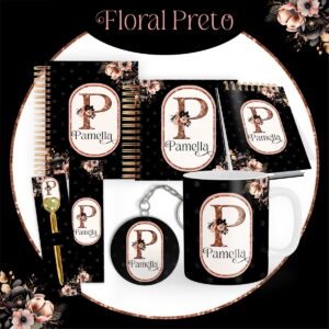 Conjunto de arte digital floral preto com designs para cadernos, caneca, chaveiro e marcador.