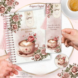Caderno espiral decorado com rosas e xícara de café, acompanhado de marcador de página
