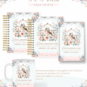 Arte digital de kit com designs de caderno, capa e caneca, tema floral e pássaro.