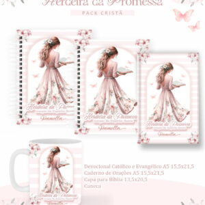 Arte digital cristã com mulher lendo, borboletas e flores, para diversos produtos.