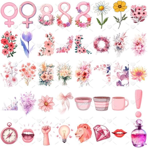Kit Digital Dia da Mulher 2025 PNG Ilustrações e Elementos