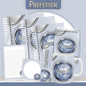 Arte digital de cadernos, caneca e bloco de notas com tema Professor.