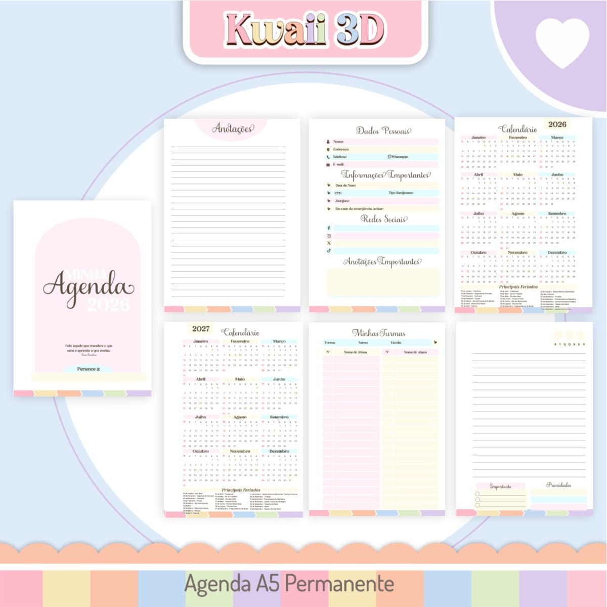 Kit Digital Dia do Professor Kawaii 3D pronto para imprimir 2 Agenda digital com páginas abertas mostrando calendários, dados pessoais e anotações em tons pastel.