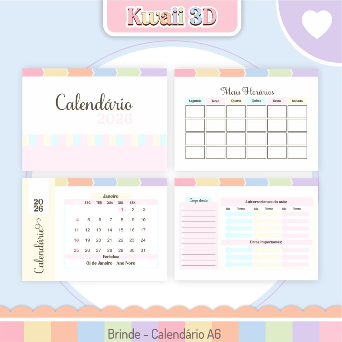Kit Digital Dia do Professor Kawaii 3D pronto para imprimir 3 Quatro páginas de calendário digital pastel 2026 com horários e datas importantes.