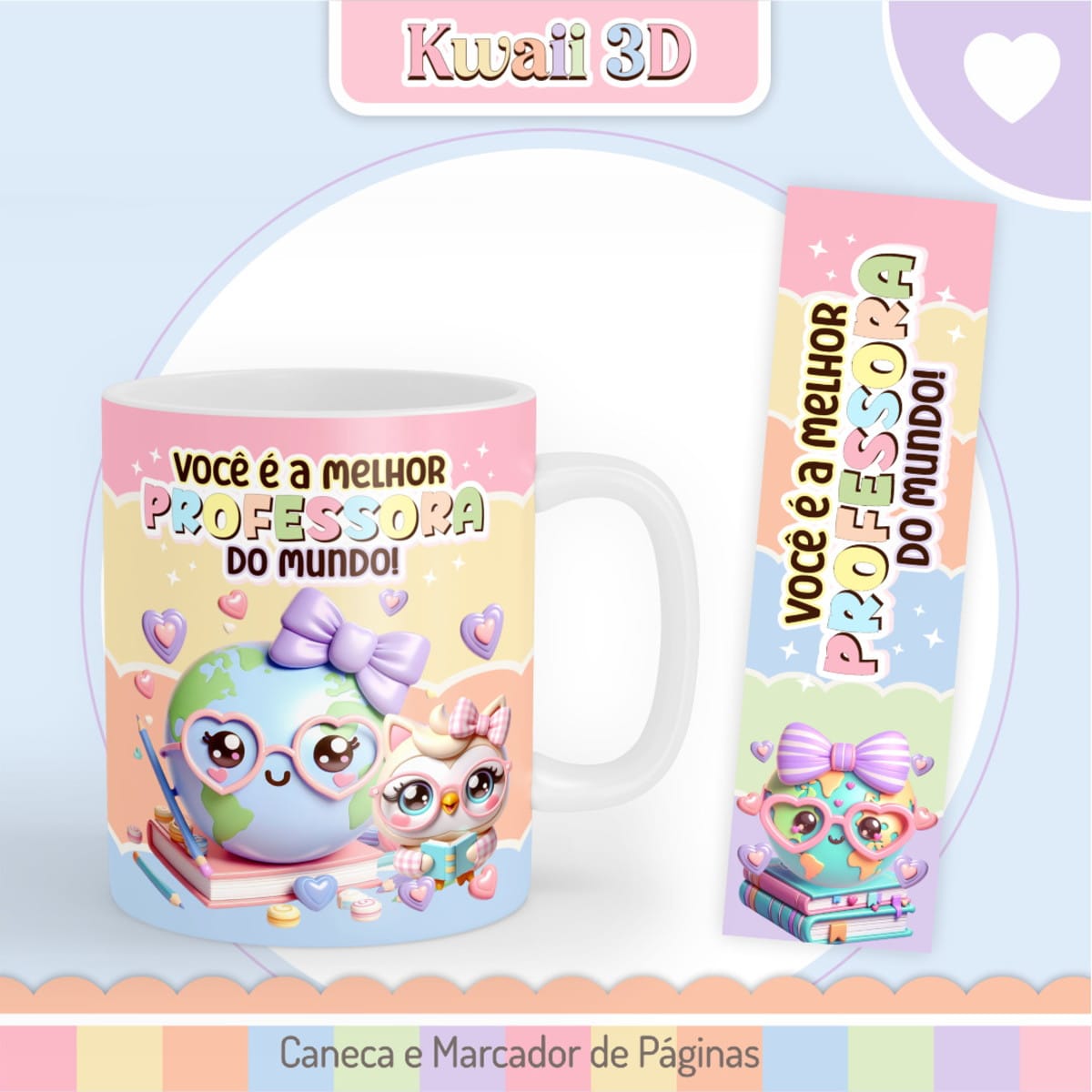 Kit Digital Dia do Professor Kawaii 3D pronto para imprimir 5 Arte digital de caneca e marcador de páginas com globo e coruja, e texto 'Melhor Professora'.