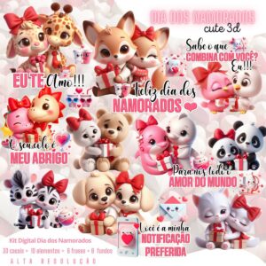 Kit Digital Dia Dos Namorados Animais Casalzinho Fofo Png 2