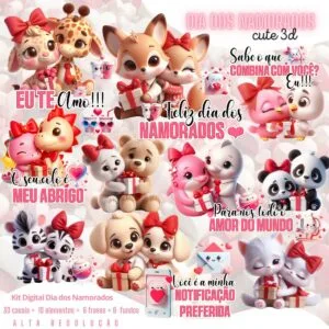 Kit Digital Dia Dos Namorados Animais Casalzinho Fofo Png 2