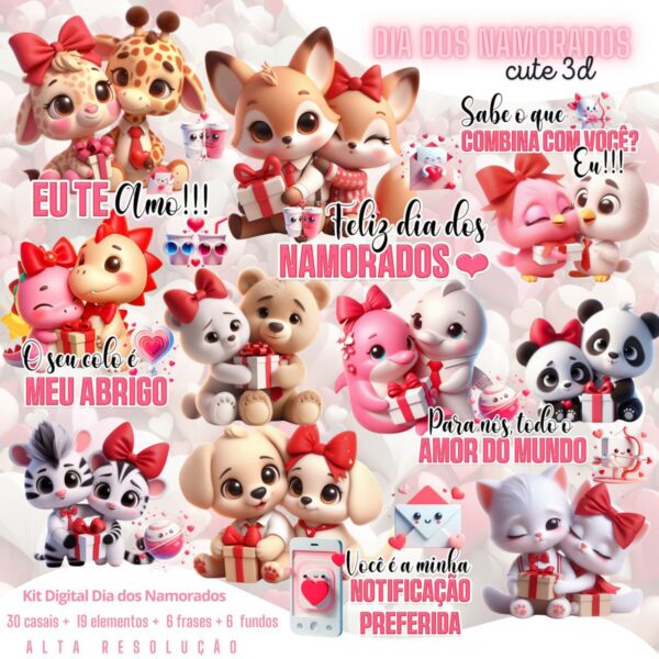 Kit Digital Dia Dos Namorados Animais Casalzinho Fofo Png 2