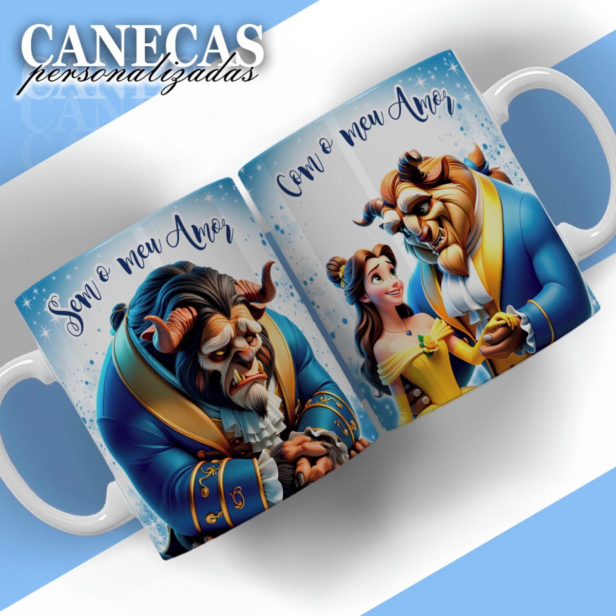 Kit Digital Dia dos Namorados Sublimação com Personagens 2 Duas canecas brancas com arte digital de um casal em cenas de amor e saudade.