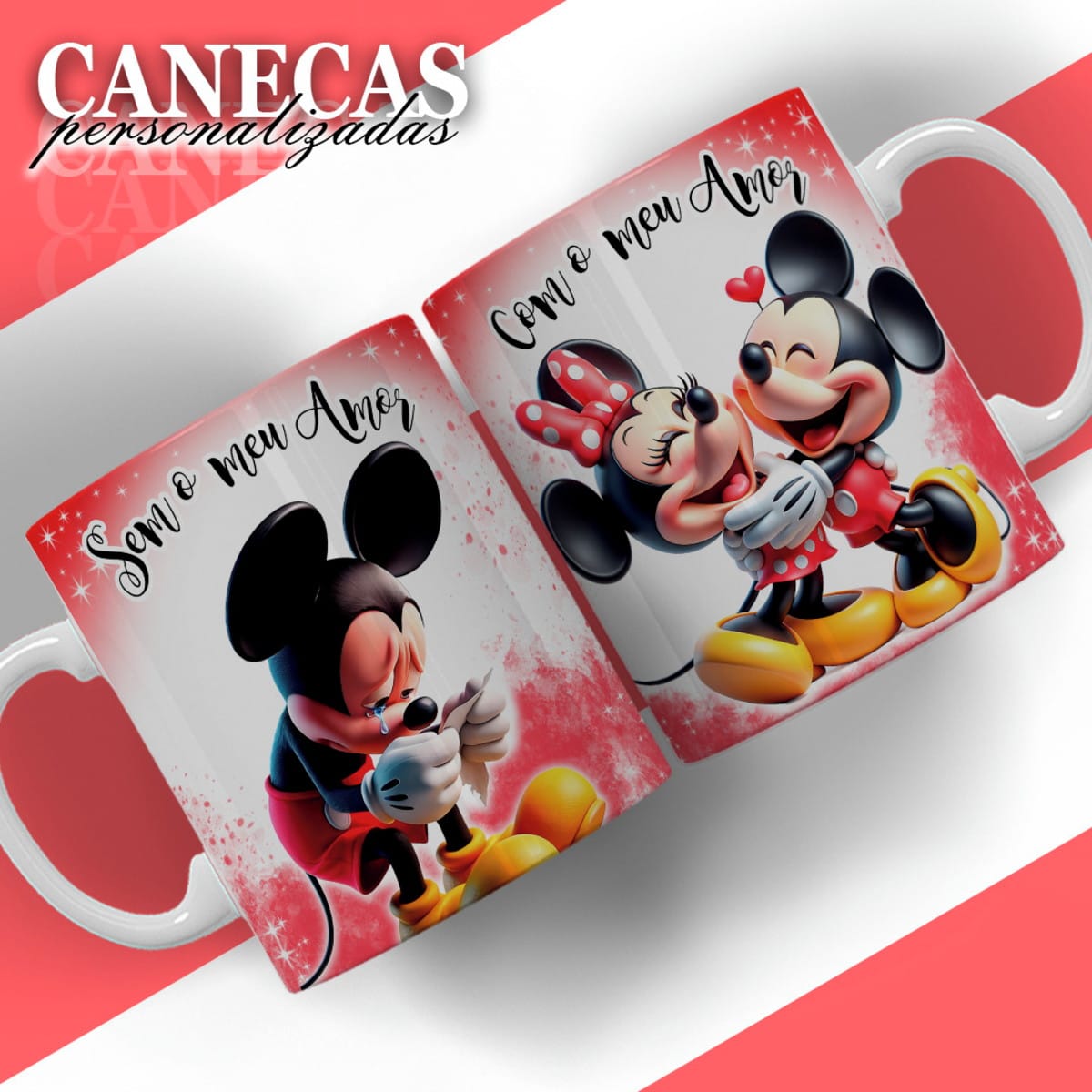 Kit Digital Dia dos Namorados Sublimação com Personagens 3 Duas canecas brancas com arte digital de personagens de desenho animado e frases românticas.