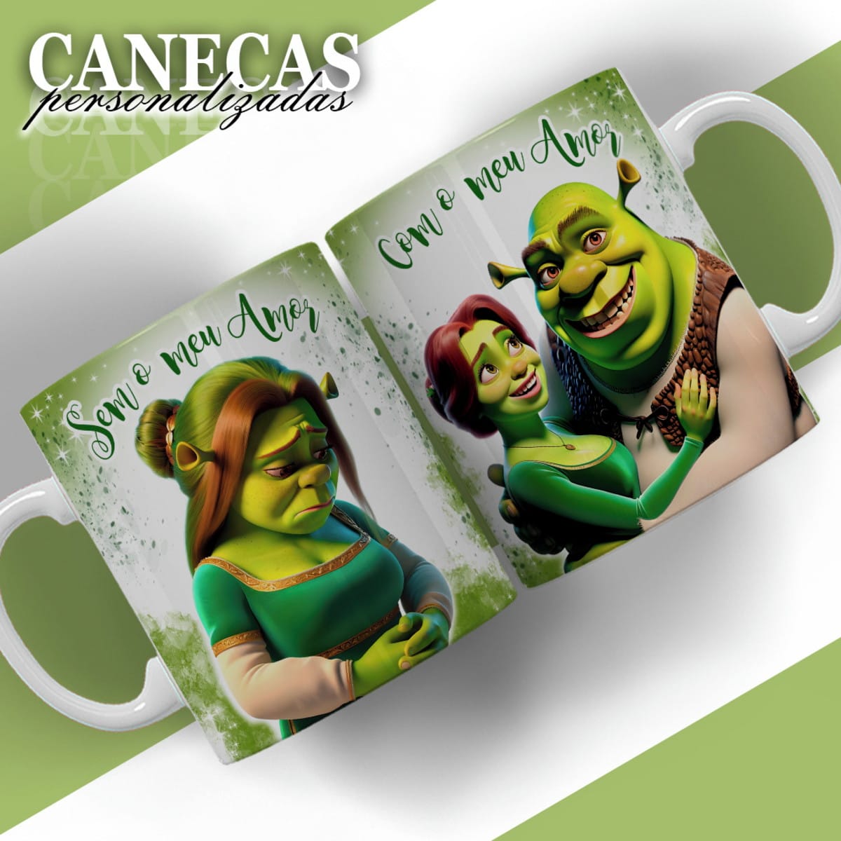Kit Digital Dia dos Namorados Sublimação com Personagens 4 Duas canecas brancas personalizadas com arte digital de personagens ogros, uma triste e outra feliz.