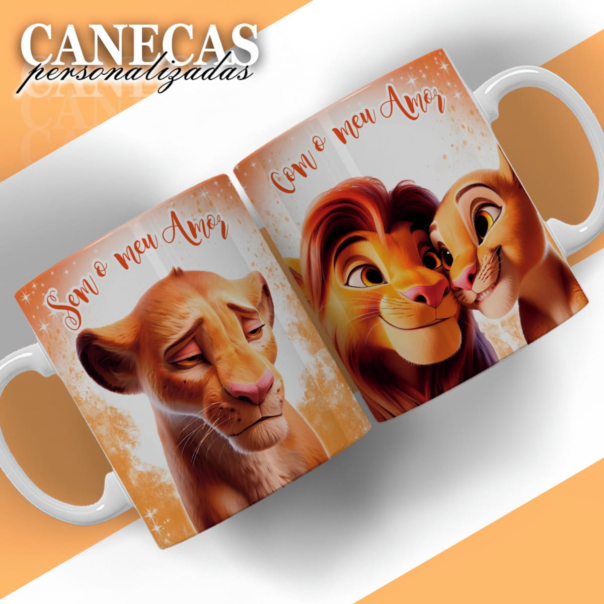 Kit Digital Dia dos Namorados Sublimação com Personagens 5 Duas canecas brancas com arte digital de leões e frases românticas.