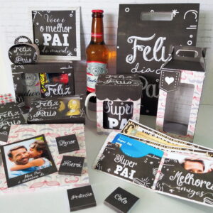 Conjunto de embalagens decoradas para o dia dos pais com garrafa de cerveja.