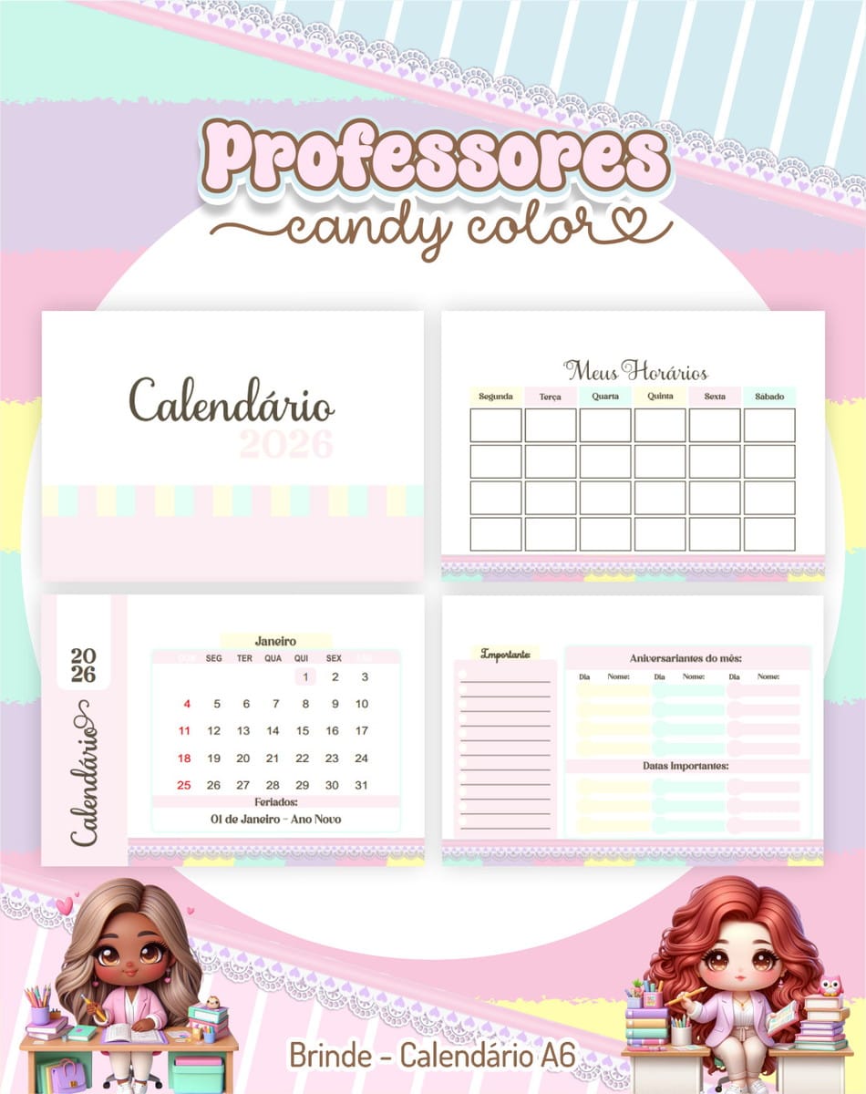 Kit Digital Dia dos Professores 2025 com Tema Candy 3 Design digital de calendário anual com elementos gráficos coloridos e personagens ilustrados estilo anime.