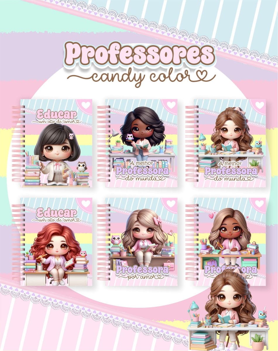 Kit Digital Dia dos Professores 2025 com Tema Candy 1 Coleção de cadernos digitais com ilustrações fofas de professoras em tons pastéis.