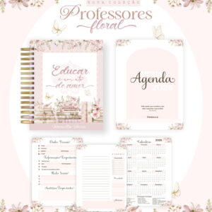 Coleção digital de agendas e planners com tema floral para professores, exibindo capas e páginas internas.