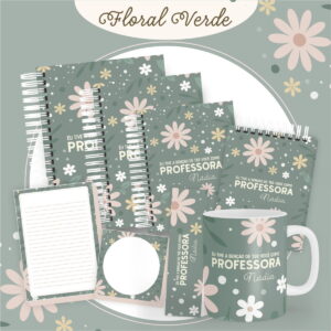 Arte digital de kit de papelaria e caneca com estampa floral verde.