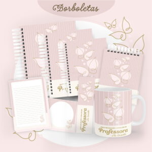Arte digital de coleção de papelaria e caneca com borboletas douradas e fundo rosa listrado.