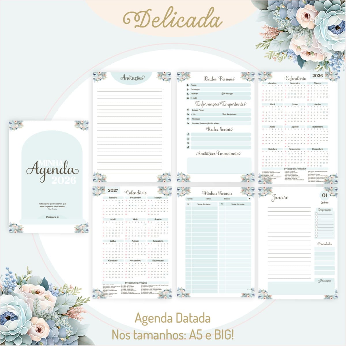 Kit Digital Dia dos Professores Floral para Imprimir 2 Páginas de agenda digital com design floral azul claro, incluindo calendários e seções.