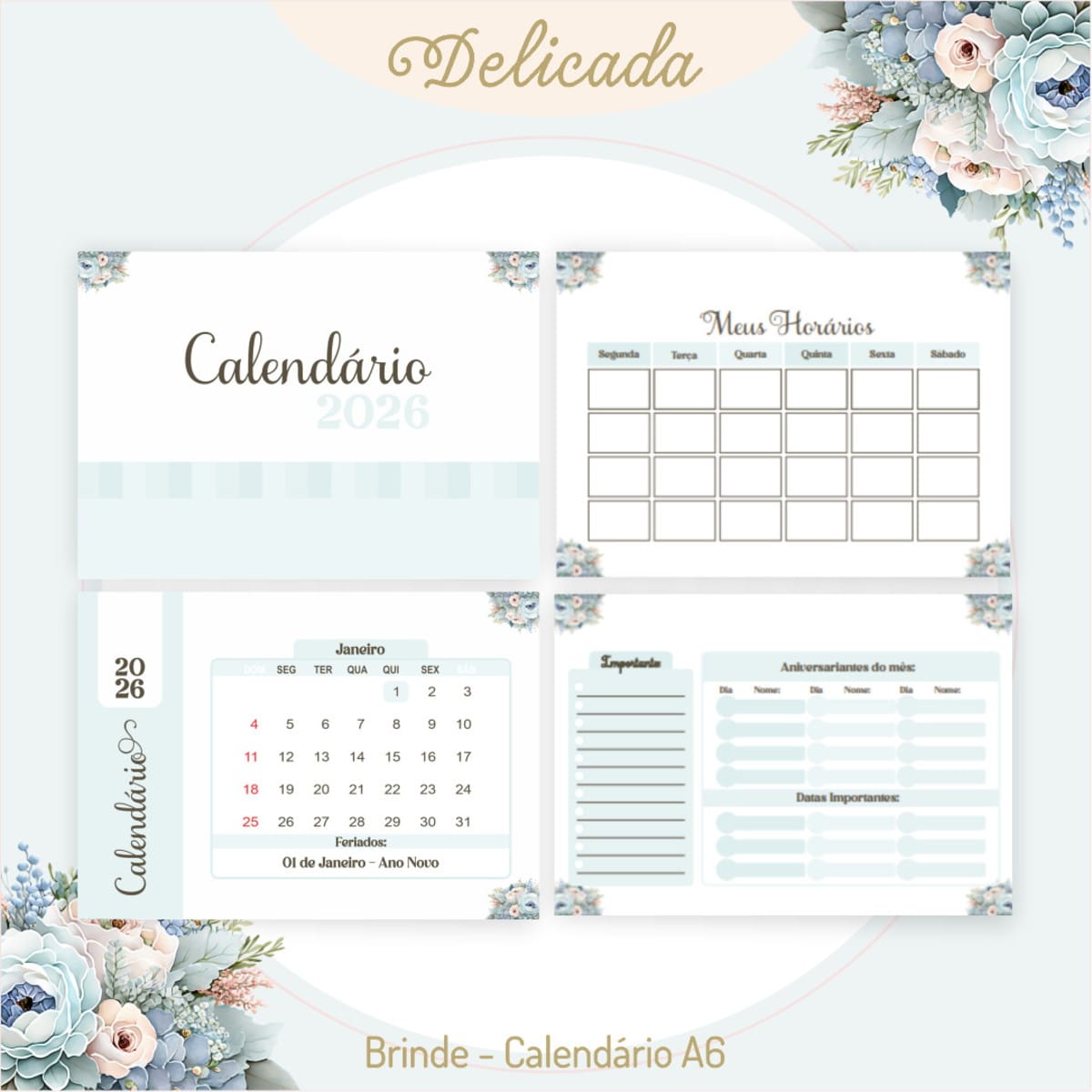 Kit Digital Dia dos Professores Floral para Imprimir 3 Arte digital de calendário 2026 com design floral delicado e layouts de planejamento.