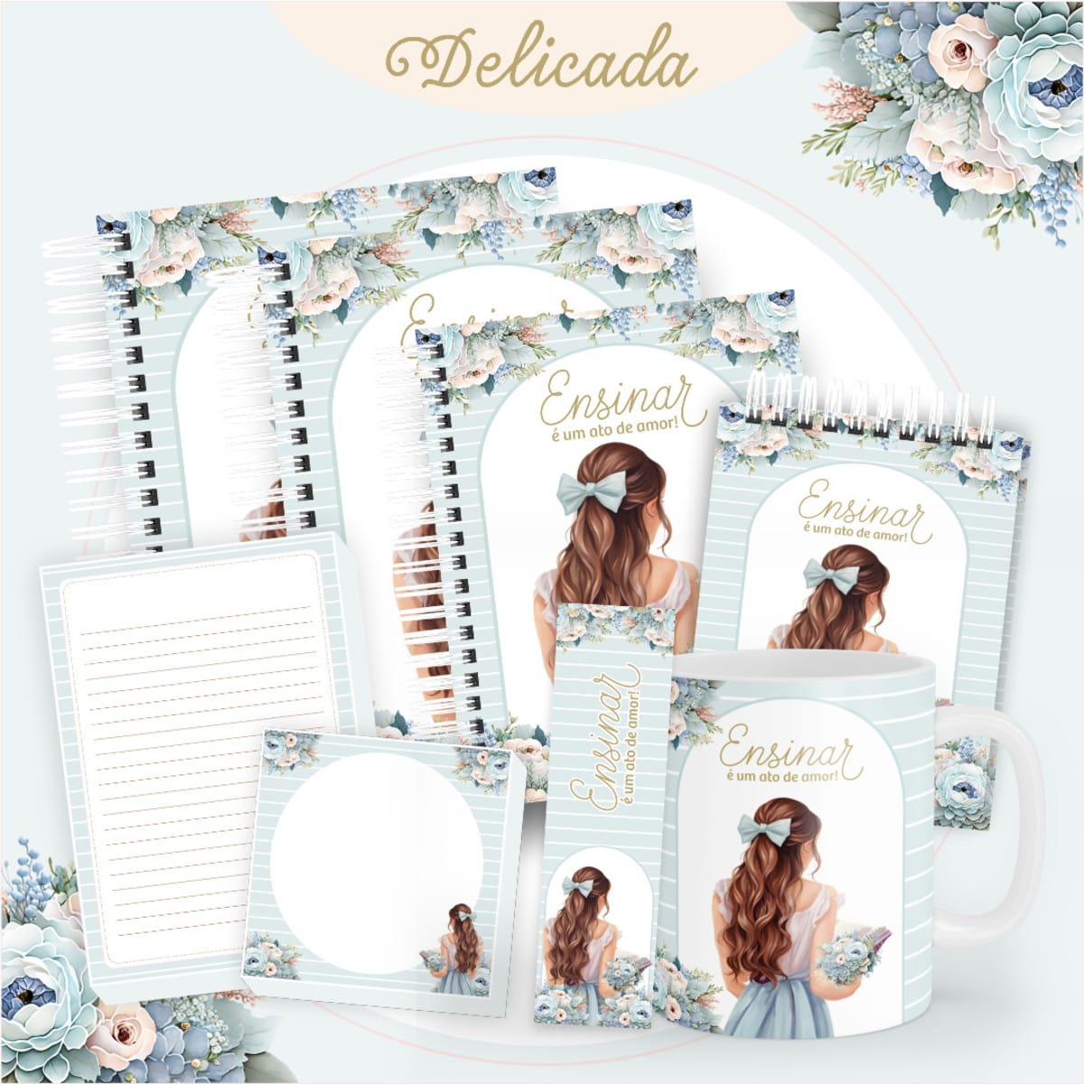 Kit Digital Dia dos Professores Floral para Imprimir 1 Coleção de arte digital com tema floral delicado e mulher, ideal para papelaria e canecas.