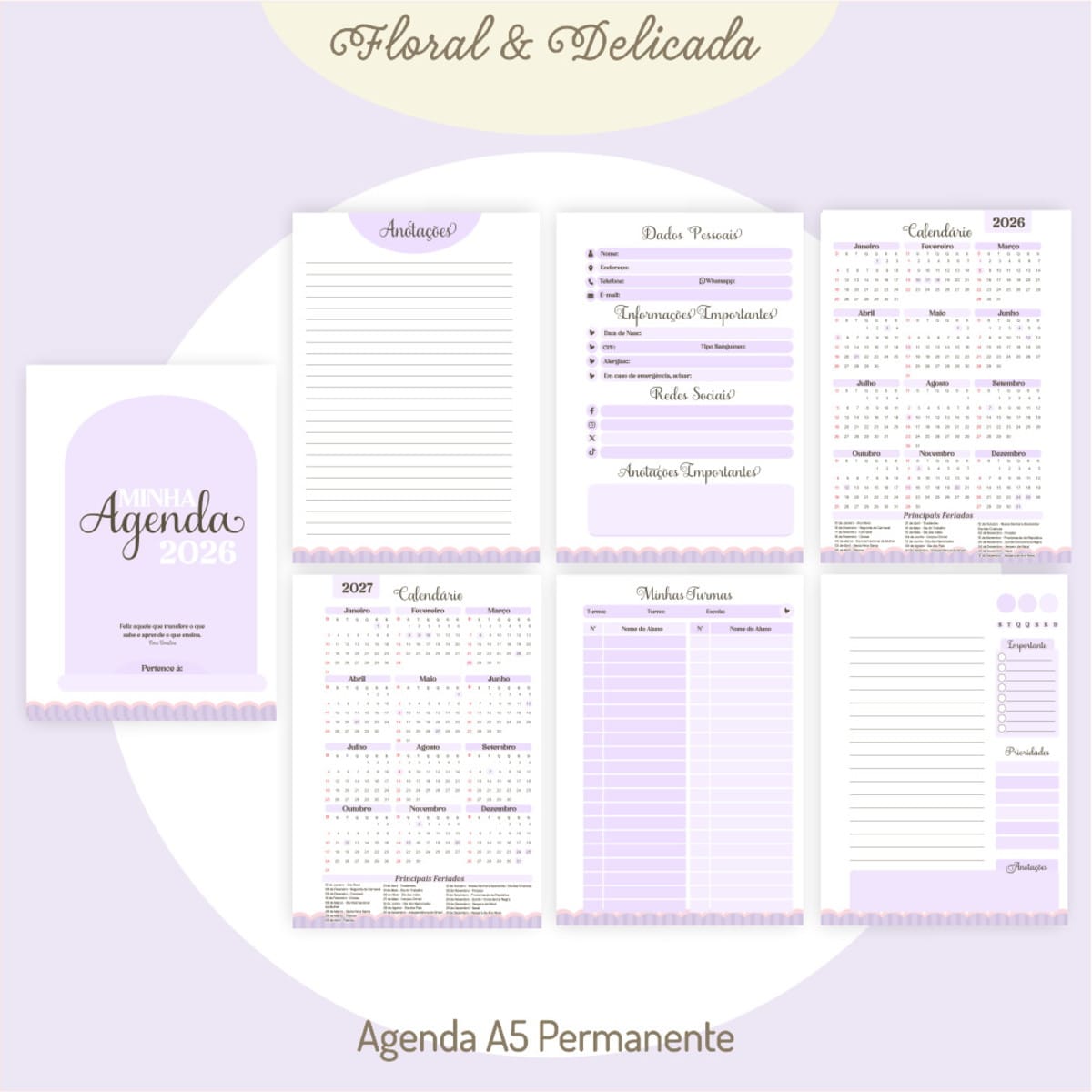Kit Digital Dia dos Professores Floral para Personalizar 3 Páginas de agenda digital com design floral delicado, calendários 2026 e 2027, em tons de lilás.
