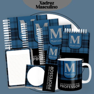 Arte digital: coleção xadrez azul com cadernos, caneca e cartão, tema Professor.