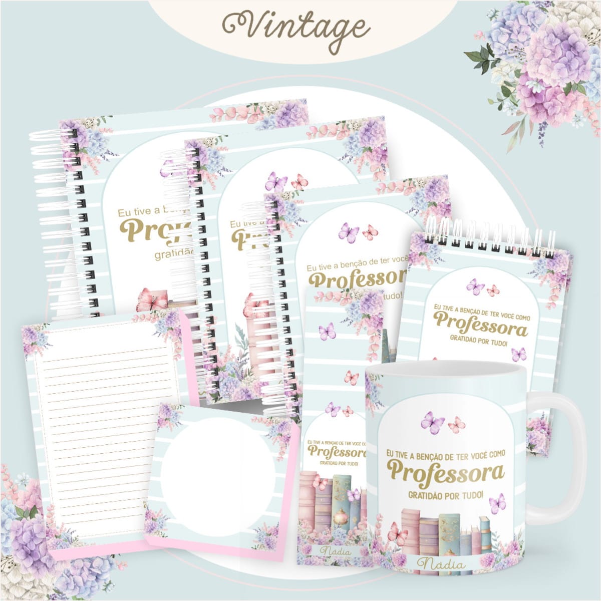 Kit Digital Dia dos Professores Vintage para Imprimir 1 Arte digital para papelaria e caneca com tema Professora, flores e borboletas.