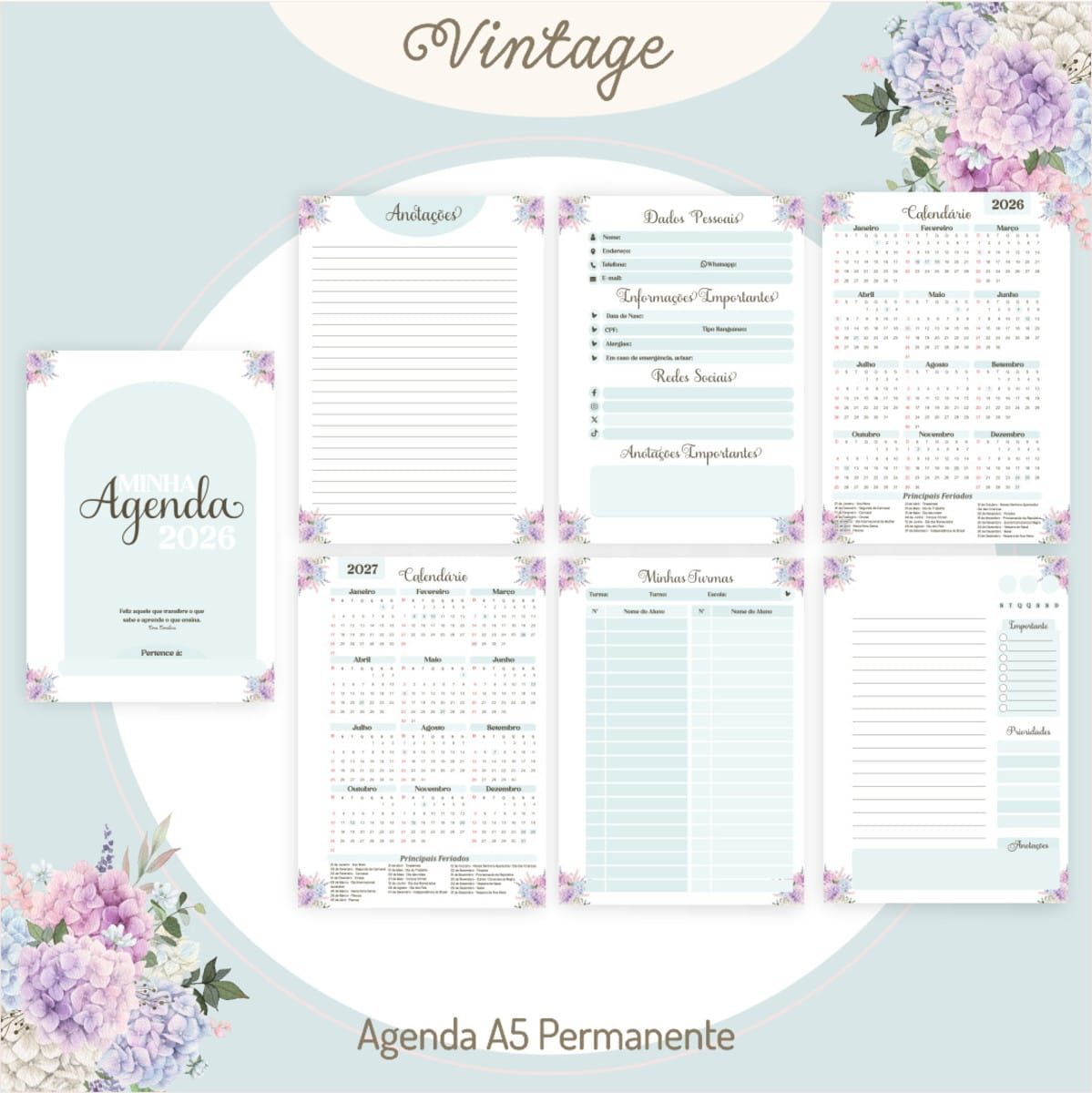 Kit Digital Dia dos Professores Vintage para Imprimir 2 Páginas de agenda digital com tema floral vintage, incluindo calendários e seções de anotações.