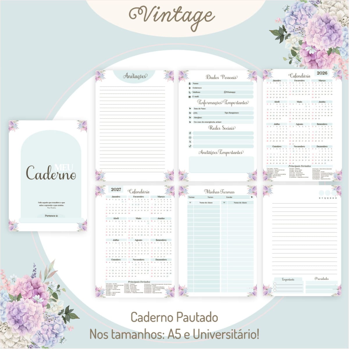 Kit Digital Dia dos Professores Vintage para Imprimir 3 Páginas de caderno digital com design floral vintage, incluindo calendários e seções de anotações.
