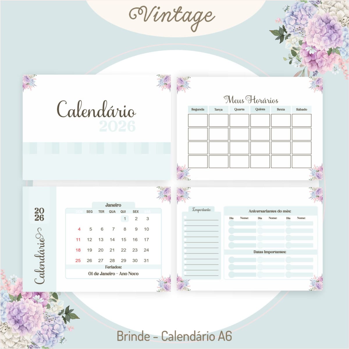Kit Digital Dia dos Professores Vintage para Imprimir 4 Calendário digital 2026 vintage floral, mostrando capa, mês, horários e datas.