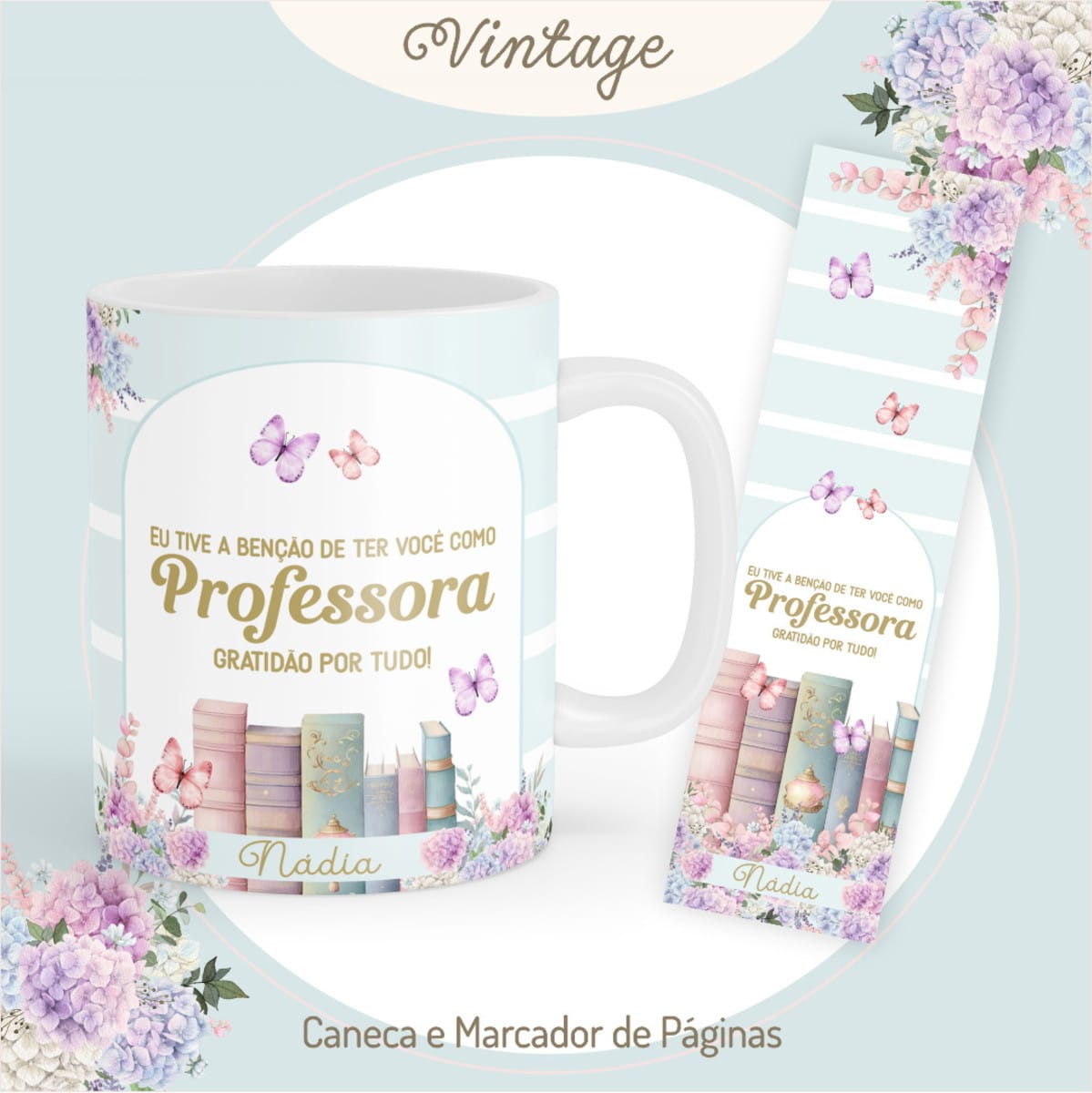 Kit Digital Dia dos Professores Vintage para Imprimir 5 Arte digital de design floral vintage para caneca e marcador de página.