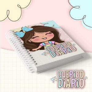 Caderno espiral com ilustração de menina e o texto querido diário na capa.