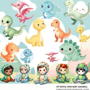 Kit Digital Dino Baby Aquarela Baby Png Ilustrações 3D Fofo