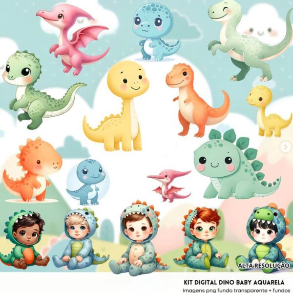 Kit Digital Dino Baby Aquarela Baby Png Ilustrações 3D Fofo