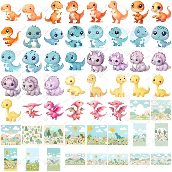 Kit Digital Dino Baby Aquarela Baby Png Ilustrações 3D Fofo
