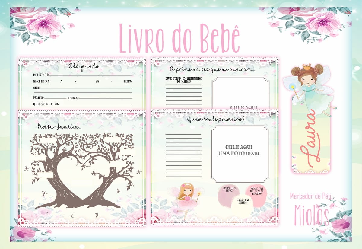 Kit Digital do Livro do Bebê Tema Fadas Editável 2 Layout de livro do bebê com folhas decoradas, árvore genealógica e um marcador de páginas.